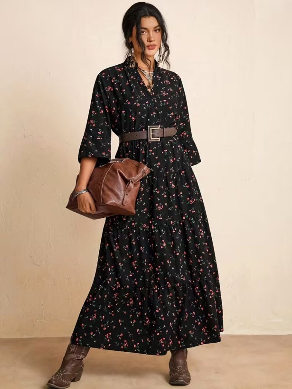 Black Floral Tiered Maxi Dress V-Neck Bell Sleeve Boho Plus Size 1X